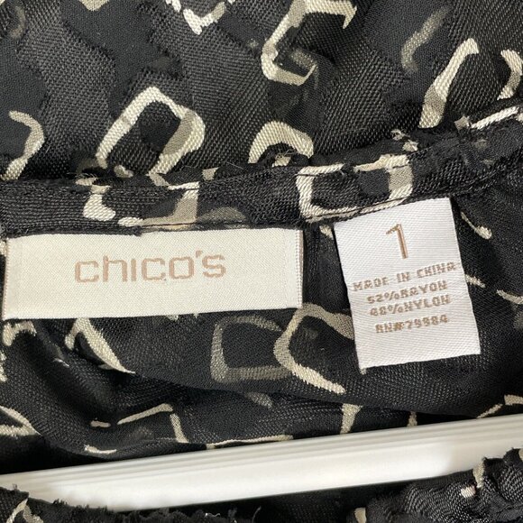 Chicos Blouse Women's Size Medium (1) Geometric Black Rayon Nylon Keyhole Front - Picture 4 of 8